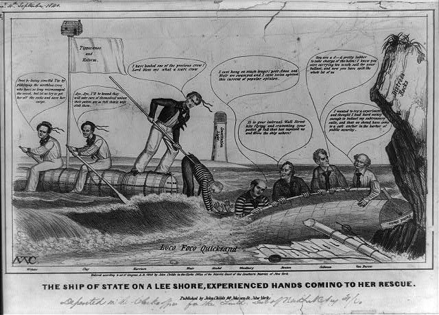 Political Cartoon illustrates Whig resistance to the subtreasury, the reason Preston resigned from the Senate. (Library of Congress.)