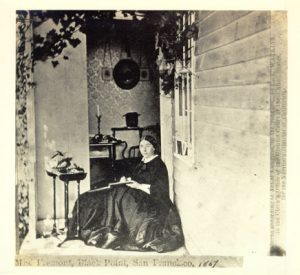 Mrs. John C. Fremont sitting at porch of Black Point residence 1866. (San Francisco History Center, San Francisco Public Library).